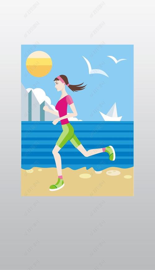 原创一个身穿运动服的黑发女孩在沙滩上慢跑矢量图
